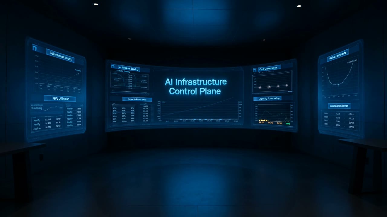 AI Infrastructure Control Plane overview animation: operator dashboard, governance pipeline, and platform signals
