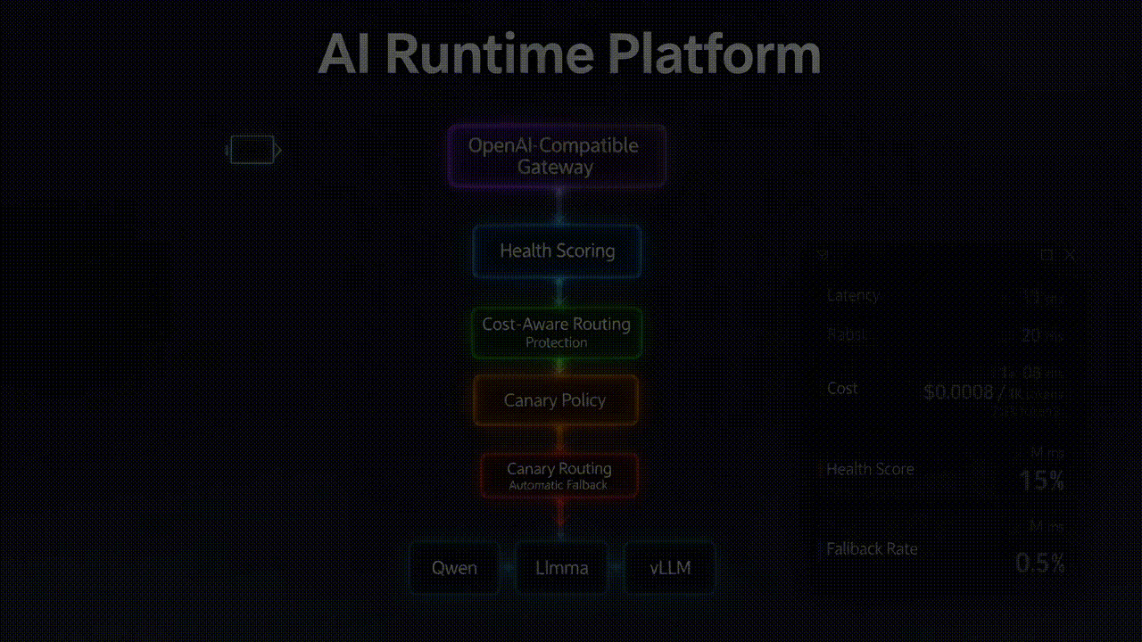 Animation of the AI Runtime Platform decision loop from request to gateway routing and observability